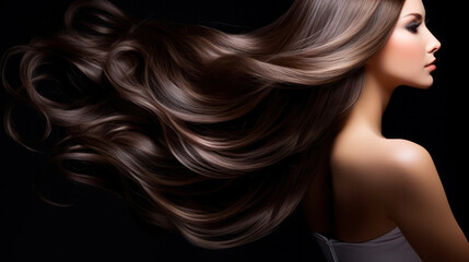 Naklejka premium Beautiful brunette woman with long wavy coloring hair. Flat gray background.
