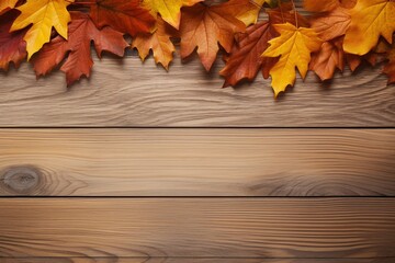 Naklejka na ściany i meble Autumn leaves frame on wooden background top view. Fall Border yellow and Orange Leaves vintage wood table Copy space. Mock up for your design.