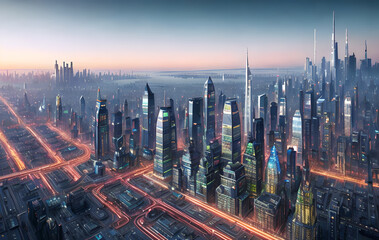 Futuristic cyberpunk city, high-tech high-rise landscape, Generative AI