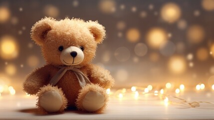  a brown teddy bear sitting on top of a wooden floor next to a string of lights and a string of lights behind it.