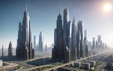 Fototapeta na wymiar Futuristic cyberpunk city, high-tech high-rise landscape, Generative AI