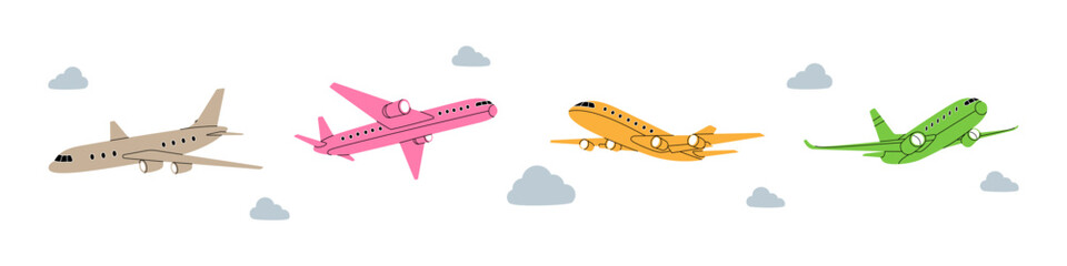 Jet airplane set. Passenger airplanes. Different air transport silhouette. Vector illustration.