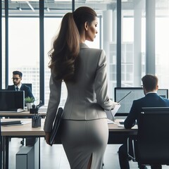 woman with documents in the office of a business center, view from the back