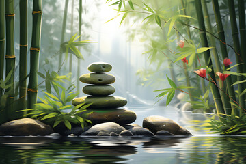 a stack or pyramid of stones, bamboo stalks near the water. a balancing pebble stone. the concept of relaxation.