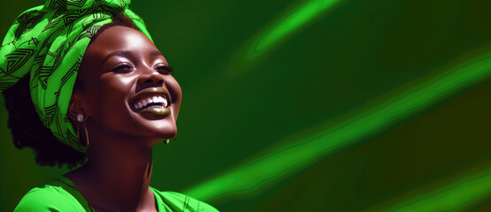 A beautiful African American woman in a green hijab smiles happily on a green background