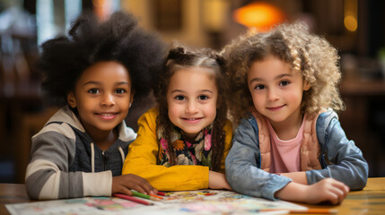 Three children of different skin colors draw together