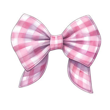 Gingham pink ribbon bow isolated on white transparent background