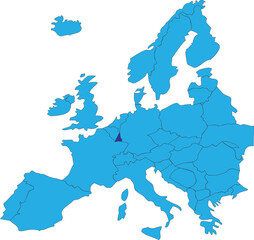 Dark blue CMYK national map of LUXEMBOURG inside simplified blue blank political map of European continent on transparent background using Peters projection