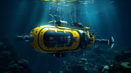 An autonomous underwater vehicle exploring the depths of the ocean, uncovering mysteries. - obrazy, fototapety, plakaty