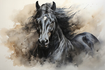 Obraz na płótnie Canvas Immerse yourself in the beauty of a majestic black horse captured in a stunning watercolor painting illustration. Experience the grace and power in every stroke. Ai generated