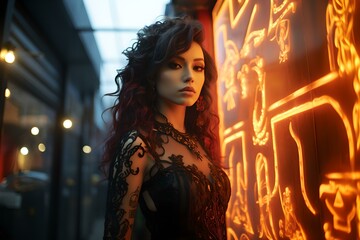 Fototapeta premium A beautiful woman standing next to a neon sign wearing a lace dress