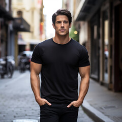 Handsome man, with his hands in his pockets, wearing a classic cotton t-shirt, in a city street, blurred background. Generative Ai
