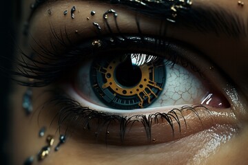 Close-up of human eye with circuit board. Technology concept.