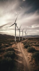 Obraz premium Wind turbines or windmill stand tall in a vast field, harnessing renewable energy from the breeze. The landscape harmonizes with sustainable technology, exemplifying eco-friendly power generation.