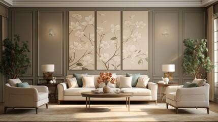 An elegant living room with symmetrical floral wall patterns in muted earthy hues.