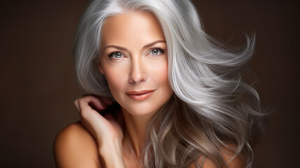 Fototapeta premium Beautiful blonde woman with beautiful curly hairstyle posing in the studio