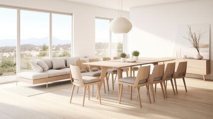Obraz premium Minimalist Scandinavian interior with clean lines, light-colored wooden furniture, sleek dining table, soft textiles, and large windows. Modern and tranquil home decor