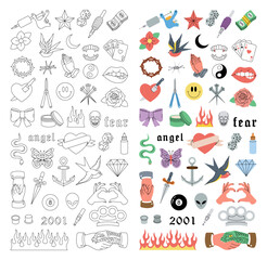 Tattoo set. Old school tattoos vertical banner. Swallow, rose, heart, knife, anchor, skull, hands, flowers, snake. Vector illustration.