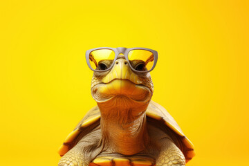 Cute turtle wearing sunglasses on yellow background