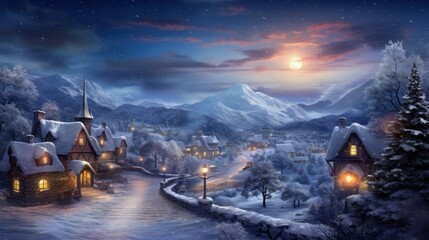  a painting of a village at night with a full moon in the sky and a snowy mountain in the background.