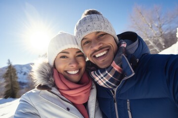 Fototapeta na wymiar Radiant winter joy captured in the portrait of a young, happy couple