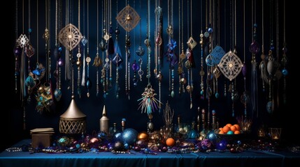 An enchanting New Year's decoration display, featuring an array of hanging lights and colorful tassels against a deep blue backdrop.