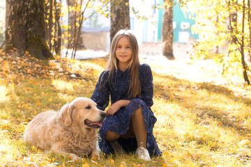 Golden Retriever and a girl walking on a sunny day in an autumn park