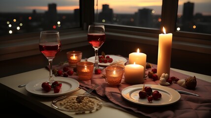 Cafe interior with a table for two, romantic date with flower decor. Place prepared for a couple in love. Concept: marriage proposal, Valentine's Day in a restaurant
