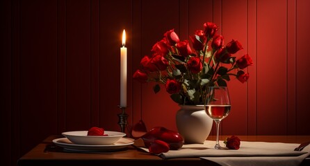 Cafe interior with a table for two, romantic date with flower decor. Place prepared for a couple in love. Concept: marriage proposal, Valentine's Day in a restaurant