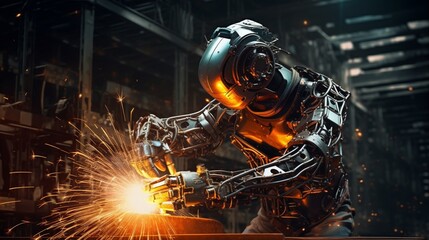 An industrial robot welding intricate patterns, sparks flying in all directions.