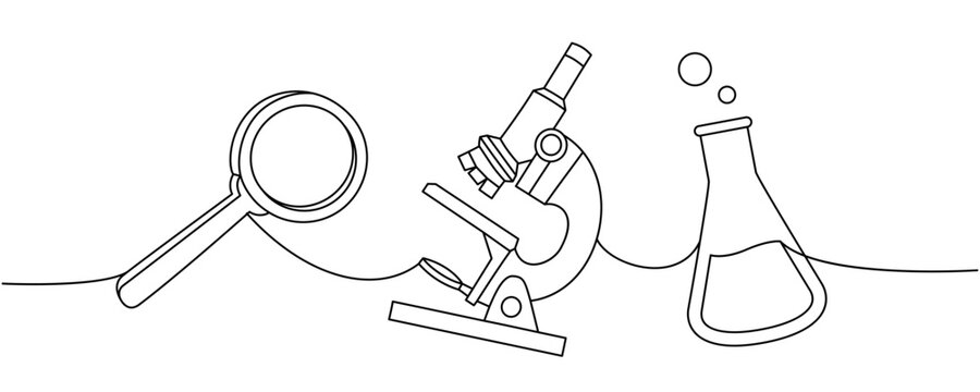 School supplies set. Back to school. Magnifying glass, microscope, laboratory glass equipment, test tubes continuous one line illustration.