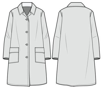 Knee Length Jacket Over Coat  Front and Back View. Fashion Flat Sketch Vector Illustration, CAD, Technical Drawing, Flat Drawing, Template, Mockup.