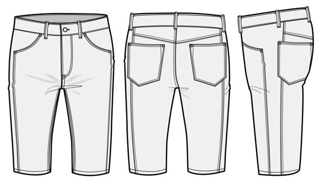 Slim Fit Three Quarter Short Denim Front, Back and Side View. Fashion Flat Sketch Vector Illustration, CAD, Technical Drawing, Flat Drawing, Template, Mockup.