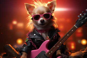 An adorable chihuahua dog dressed as a rocker playing guitar radiating charm and playfulness in this delightful scene. Ai generated