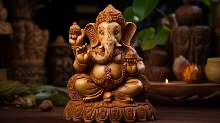 An intricately carved sandalwood Ganesh idol, exuding a captivating aroma, set on a traditional silk cloth.