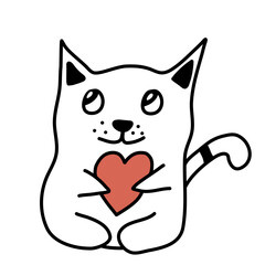 Cat holding a heart in his paws doodle vector illustration.