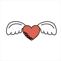 Heart with wings vector doodle illustration.