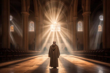 Christian monk in a church deeply immersed in prayer experiencing the revelation of divine light. Ai generated