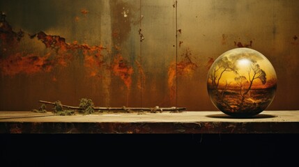  a vase sitting on a table in front of a rusted wall with a painting of a tree on it.
