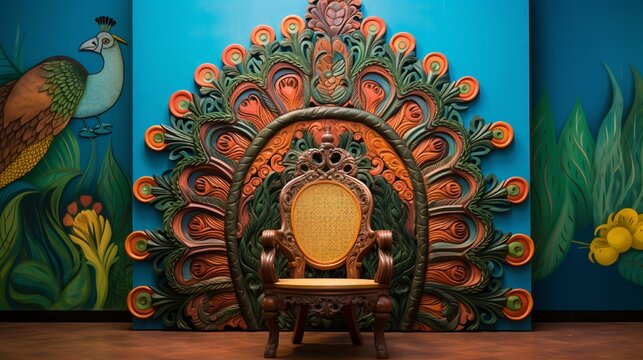 An intricately carved wooden peacock chair in front of a vibrant wall mural depicting the Ras Leela of Krishna.
