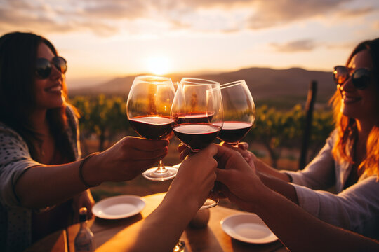 Happy friends drinking red wine at farm house vineyard countryside - Group of young people enjoying lunch break together outside - Hands holding wineglasses at sunset golden hour