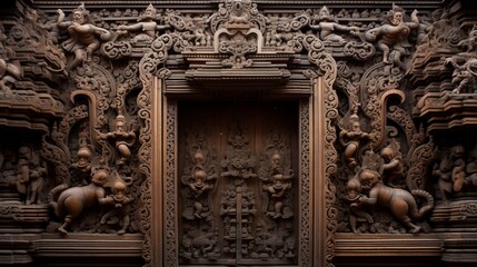 An intricately carved wooden door leading to a Hanuman temple.