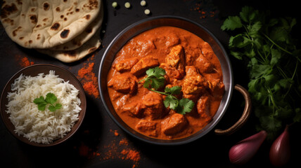Chicken tikka masala spicy curry meat food with rice and naan bread - obrazy, fototapety, plakaty