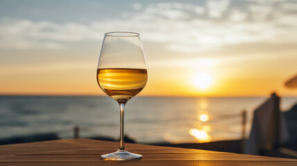 lass of white wine on a table in a beach cafe