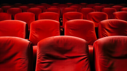 Fototapeta premium Row of empty red velvet chairs in a movie theater. Cinema entertainment industry film making concept