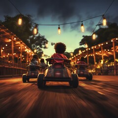 Children raced around the track in their go-karts as a group. - obrazy, fototapety, plakaty