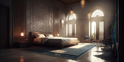 Luxurious bedroom interior in Arabic style house - obrazy, fototapety, plakaty