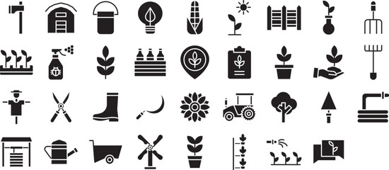 Agriculture and farming solid glyph icons set, including icons such as Hydroponics farm, Planting, Leaf, Fork, Vertical Farming, and more. Vector icon collection