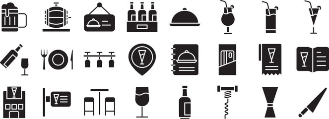 bar and restaurant solid glyph icons set, including icons such as alcohol drinks,  Beer, Alcohol Bottle, Cocktail, Jigger, and more. Vector icon collection