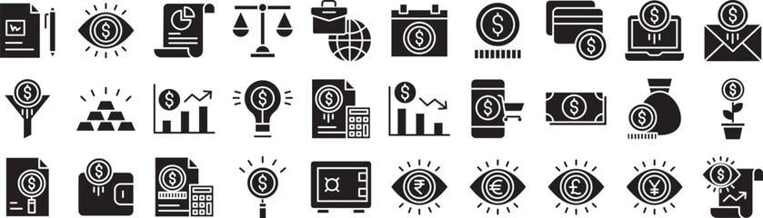 Banking and financial savings solid glyph icons set, including icons such as Agreement, Analysis, Analytics, Business, Economy, and more. Vector icon collection